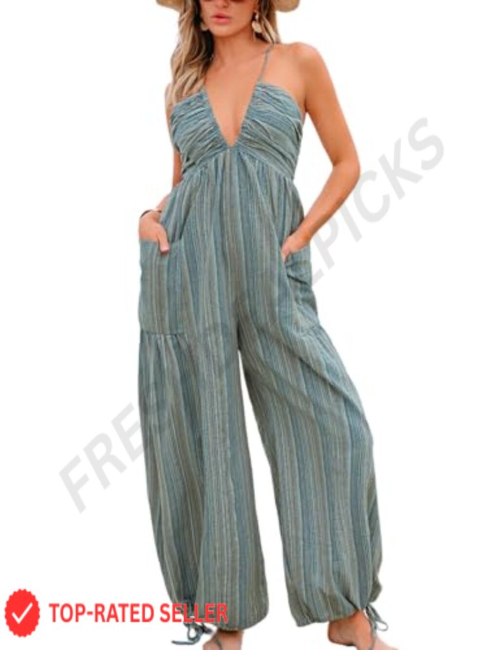 Womens Summer Jumpsuit Plunging Halter Sleeveless Striped Wide Leg Maxi Overall